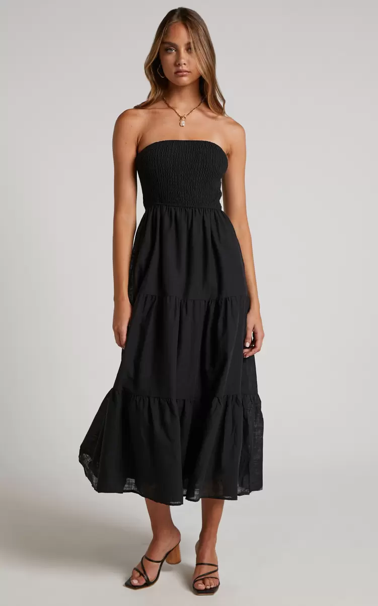 Showpo Dresses Women Zoe Midi Dress - Strapless Shirred Bodice Tiered Dress In Black - 2