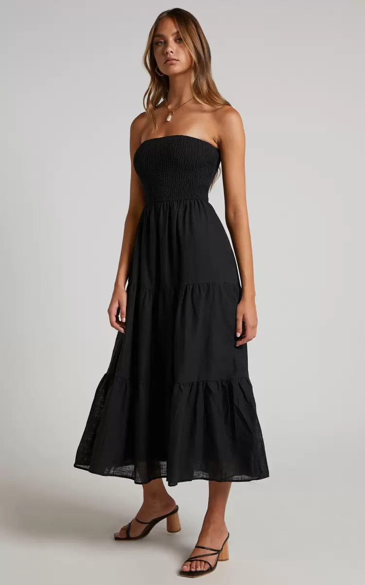 Showpo Dresses Women Zoe Midi Dress - Strapless Shirred Bodice Tiered Dress In Black - 3