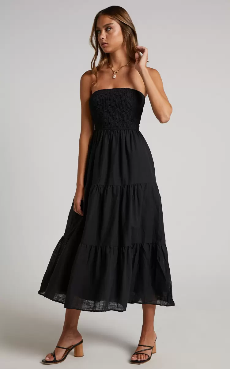 Showpo Dresses Women Zoe Midi Dress - Strapless Shirred Bodice Tiered Dress In Black - 4