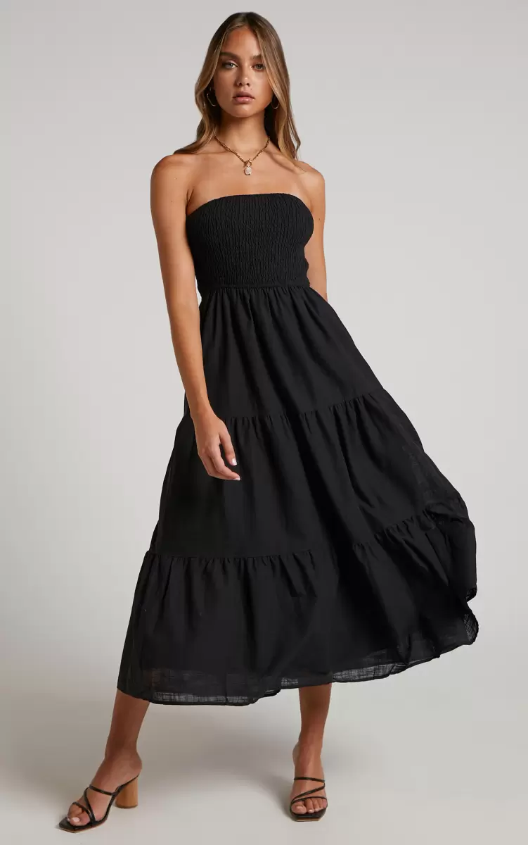 Showpo Dresses Women Zoe Midi Dress - Strapless Shirred Bodice Tiered Dress In Black