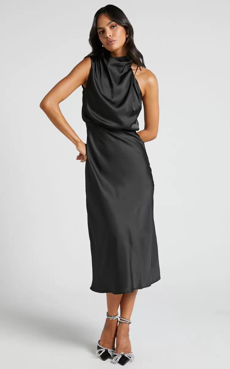 Women Dresses Showpo Minnie Midi Dress - Drape Neck Satin Slip Dress In Black - 1