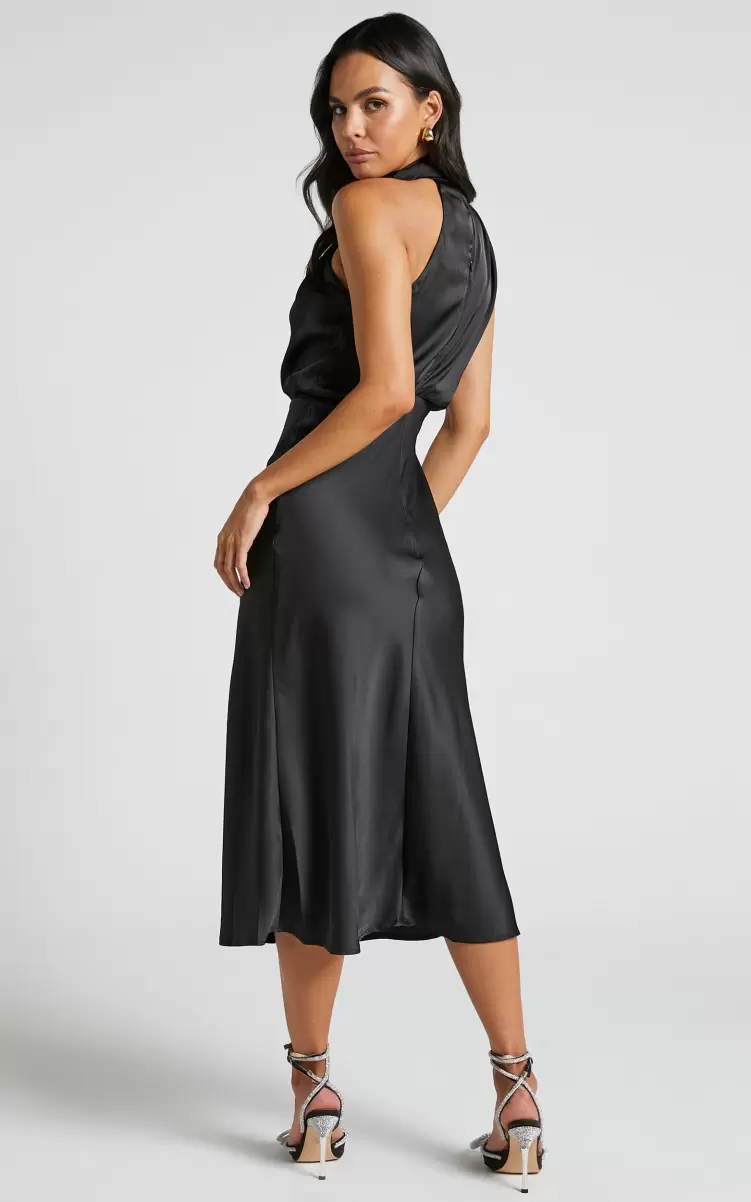 Women Dresses Showpo Minnie Midi Dress - Drape Neck Satin Slip Dress In Black - 3