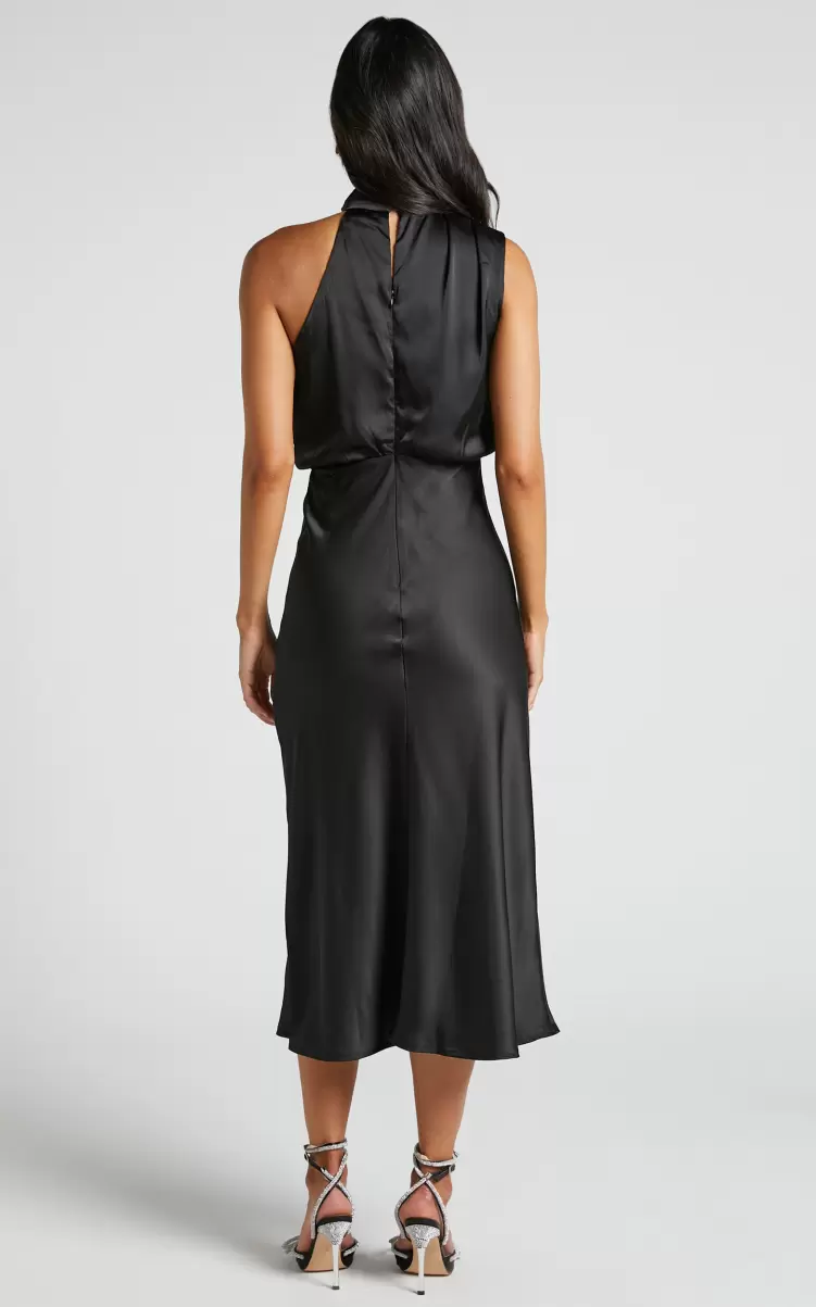 Women Dresses Showpo Minnie Midi Dress - Drape Neck Satin Slip Dress In Black - 4