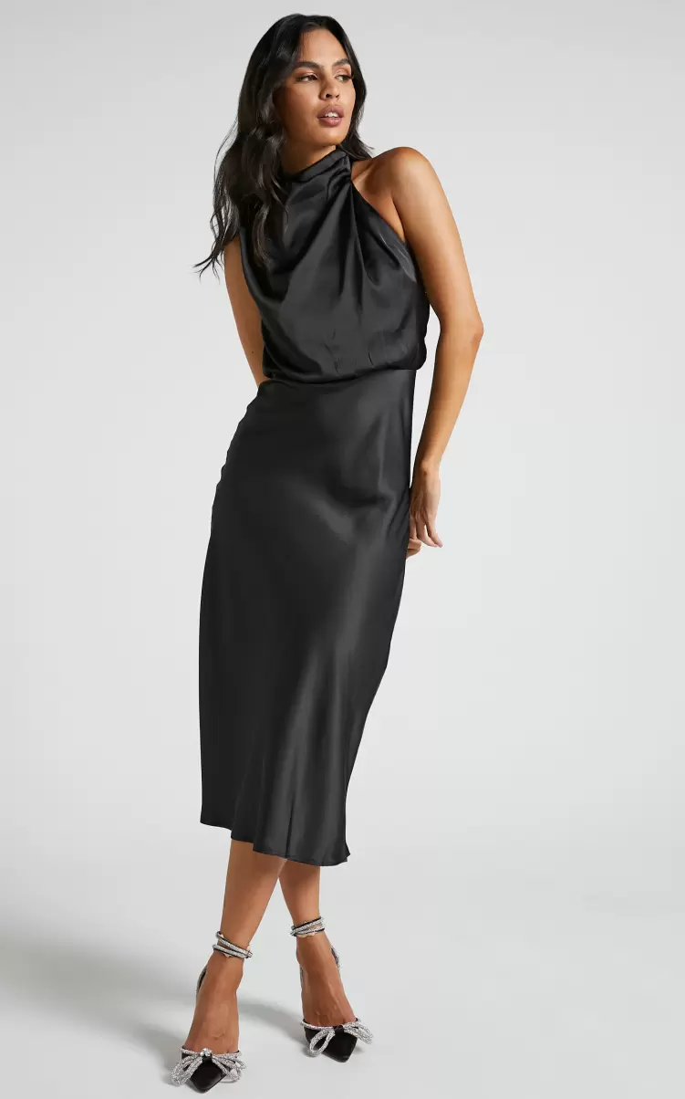 Women Dresses Showpo Minnie Midi Dress - Drape Neck Satin Slip Dress In Black