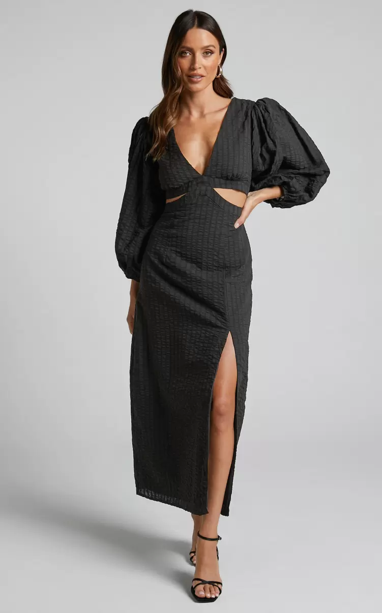 Showpo Women Dresses Miggy Midi Dress - Puff Sleeve Cut Out Split Dress In Black - 2