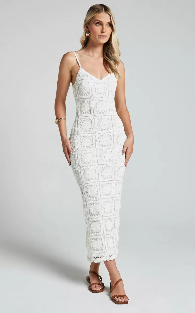 Women Showpo Antwerp Midi Dress - Strappy Bodycon Dress In White Crochet Dresses - 3