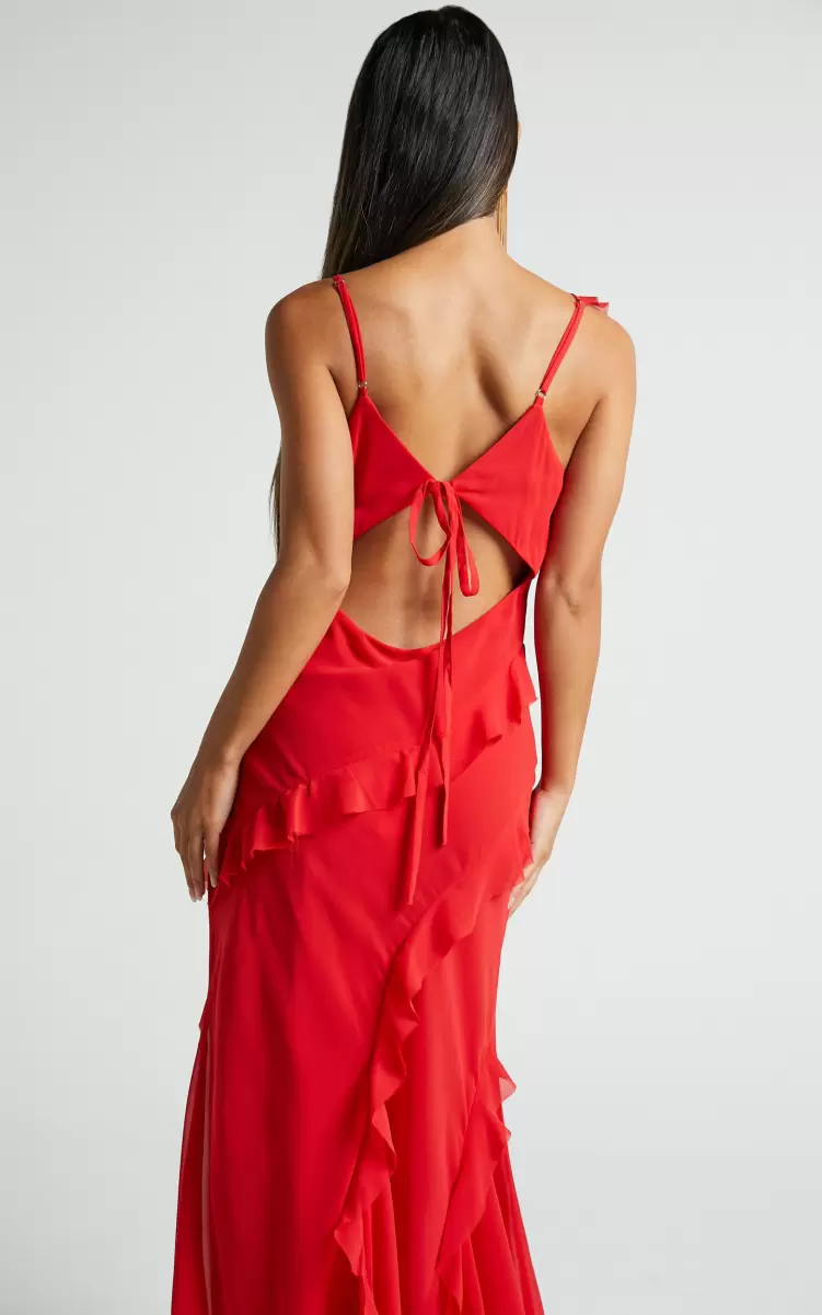 Women Nitha Maxi Dress - Asymmetrical Frill Thigh Split Dress In Red Dresses Showpo - 2