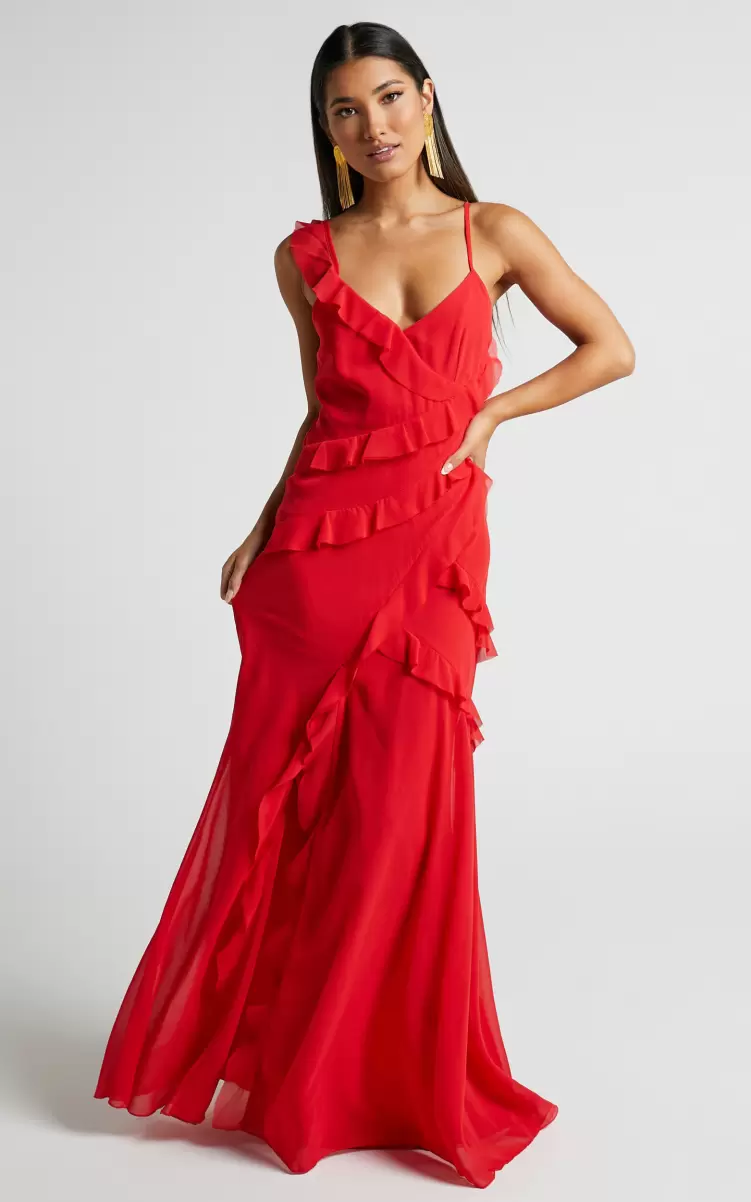 Women Nitha Maxi Dress - Asymmetrical Frill Thigh Split Dress In Red Dresses Showpo - 3