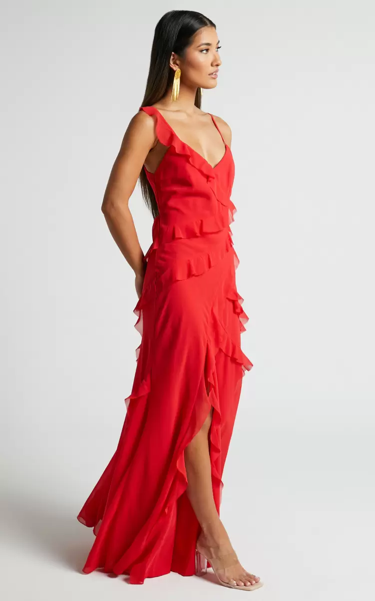 Women Nitha Maxi Dress - Asymmetrical Frill Thigh Split Dress In Red Dresses Showpo - 4