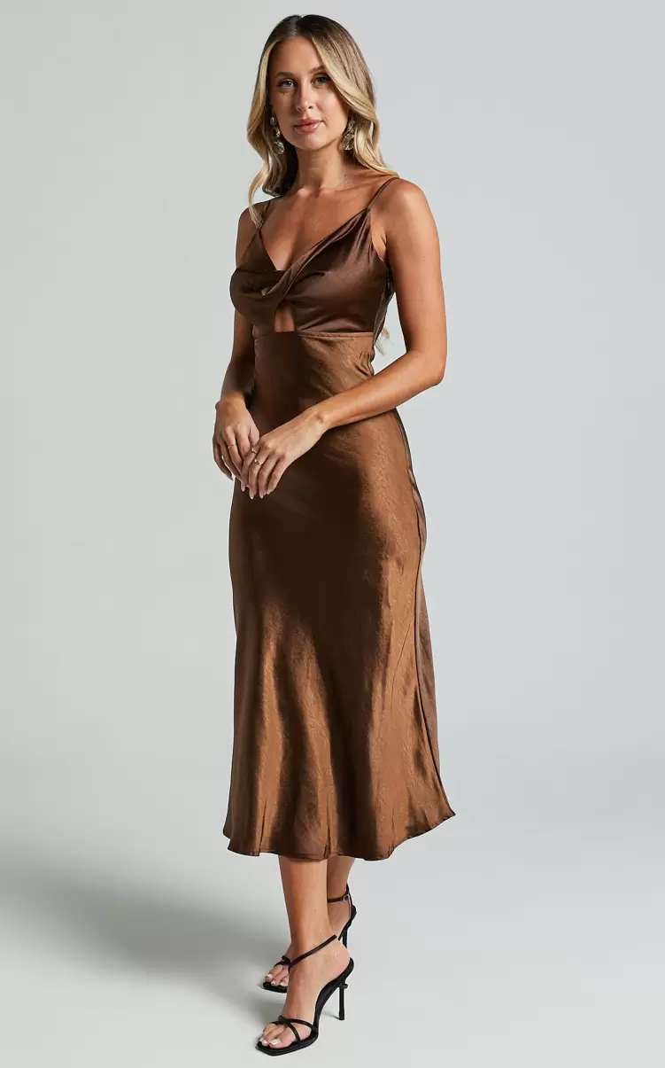 Astoria Midi Dress - Satin Bias Cut Twist Front Cut Out Dress In Chocolate Women Showpo Dresses - 3