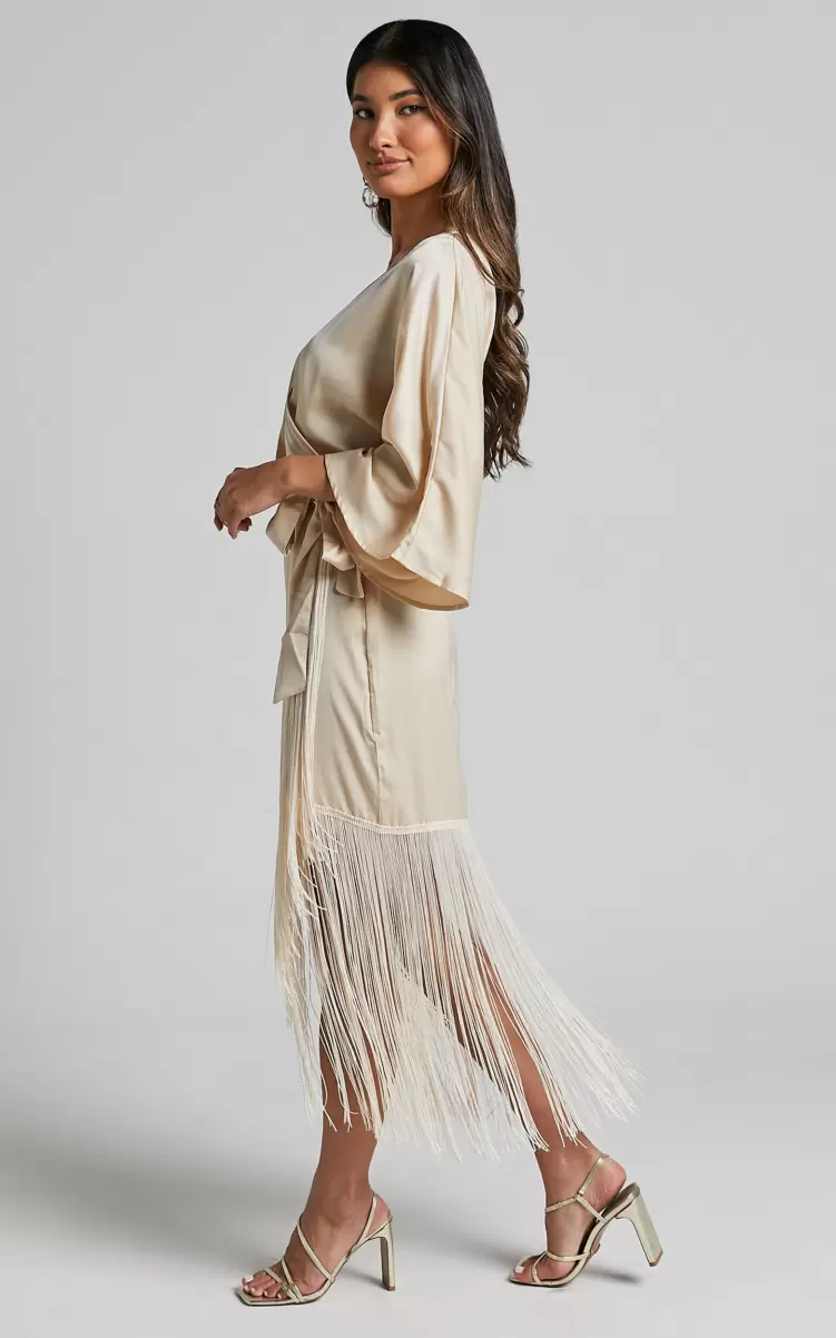 Harlen Midi Dress - V Neck 3/4 Sleeve Asymmetric Fringe Hem Wrap Dress In Champagne Dresses Women Showpo - 4