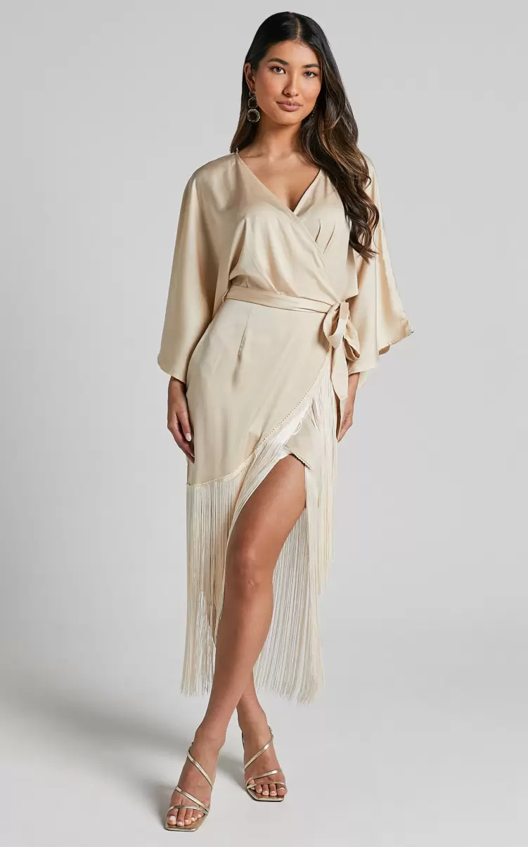 Harlen Midi Dress - V Neck 3/4 Sleeve Asymmetric Fringe Hem Wrap Dress In Champagne Dresses Women Showpo