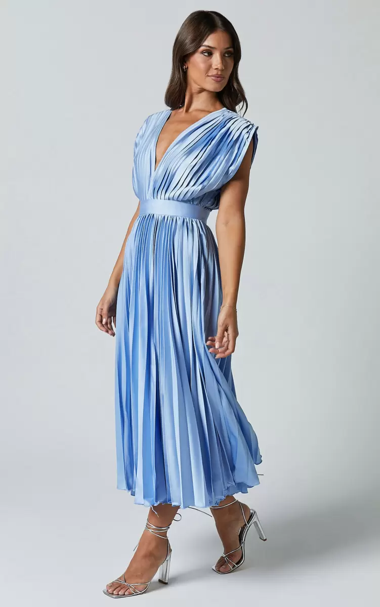 Showpo Dresses Women Della Midi Dress - Plunge Neck Short Sleeve Pleated Dress In Baby Blue - 1