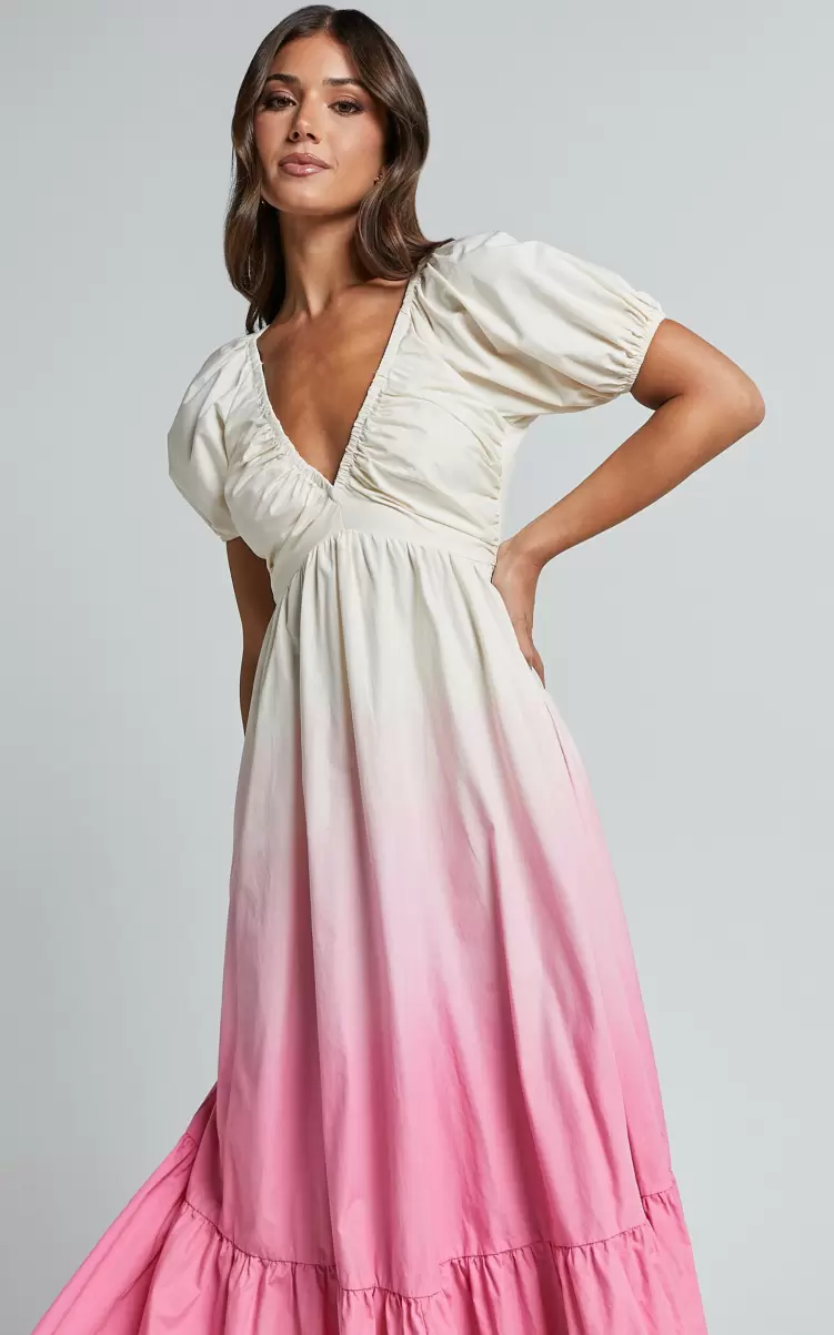 Dresses Nathaley Midi Dress - Plunge Neck Puff Sleeve Dress In Pink Ombre Women Showpo - 2
