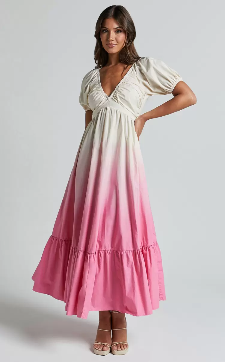 Dresses Nathaley Midi Dress - Plunge Neck Puff Sleeve Dress In Pink Ombre Women Showpo - 3