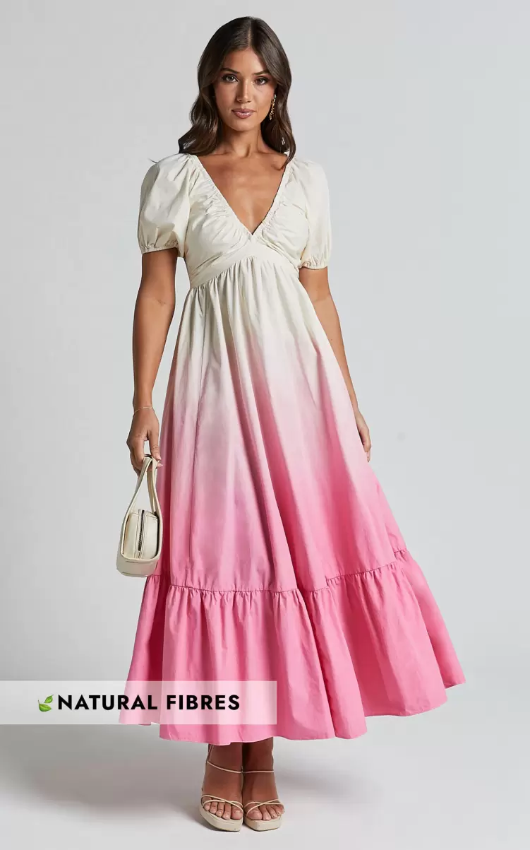 Dresses Nathaley Midi Dress - Plunge Neck Puff Sleeve Dress In Pink Ombre Women Showpo