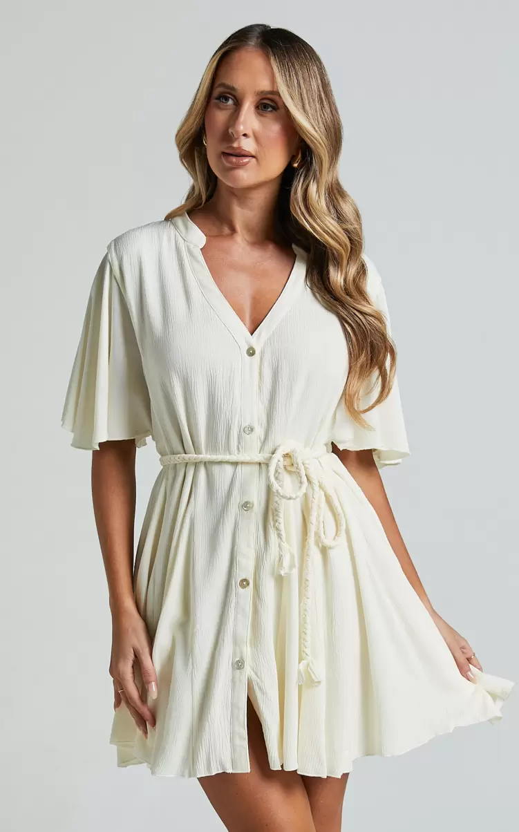 Dresses Showpo Women Cathe Mini Dress - V Neck Button Through Short Flutter Sleeve Tie Waist In Off White - 3