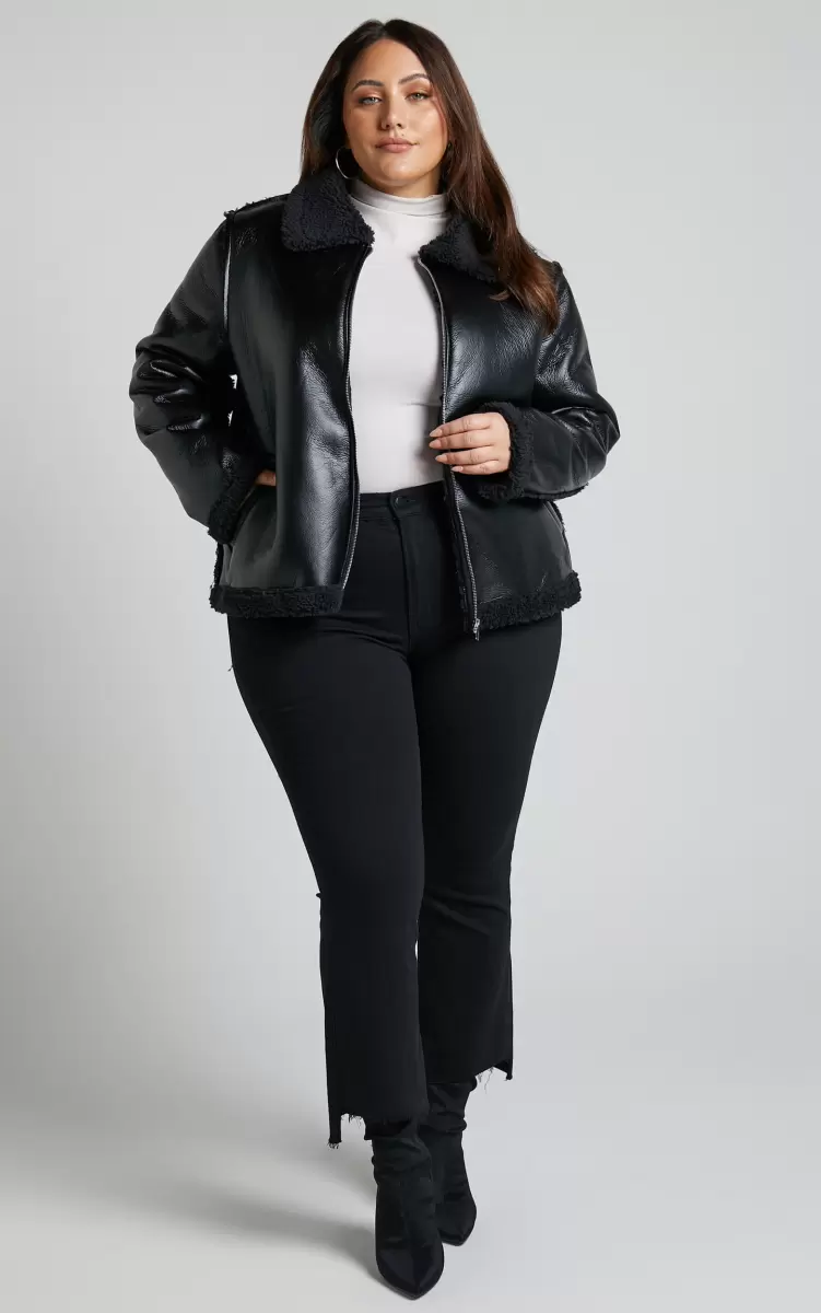 Women Rheina Jacket - Borg Faux Leather Jacket In Black Showpo Jackets & Coats - 3