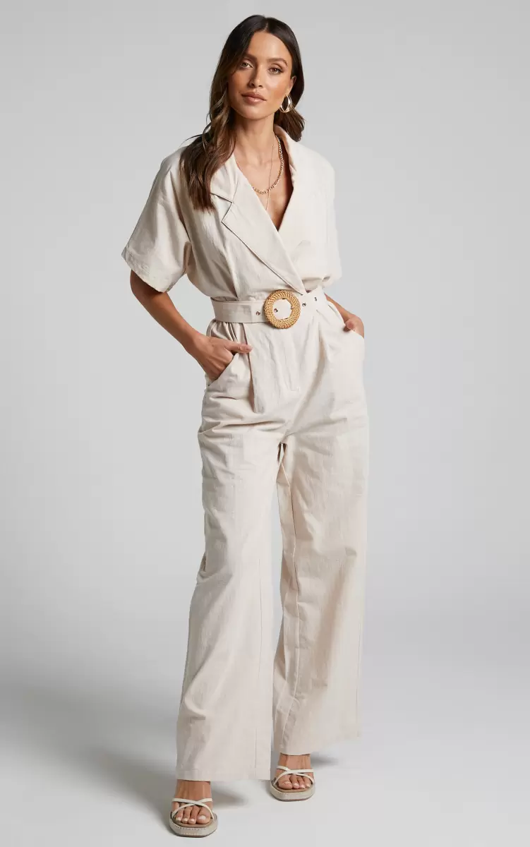 Women Jumpsuits Paco Jumpsuit - Short Sleeve Collared Belted Wide Leg Jumpsuit In Biscuit Showpo - 4