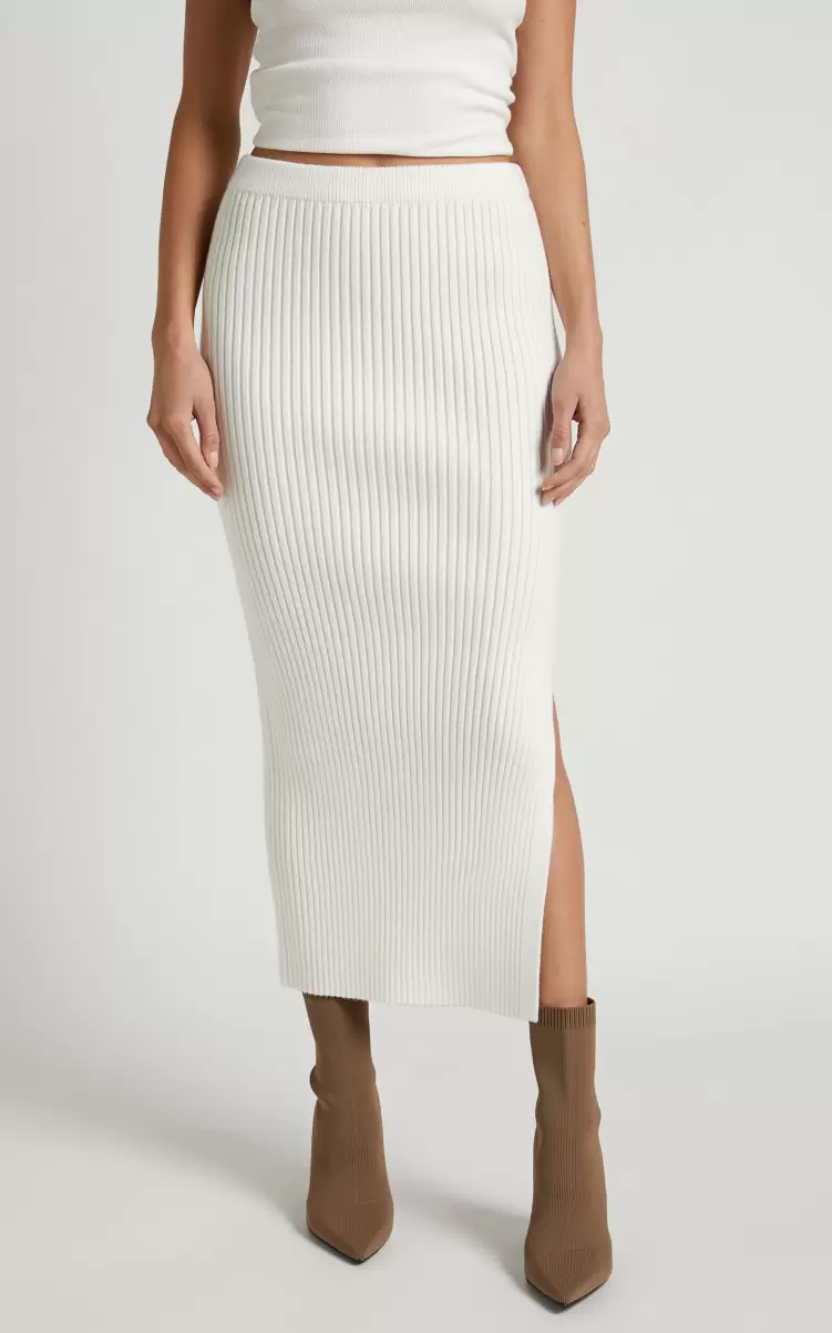 Women Knitwear Showpo Andalucia Midi Skirt - Ribbed Side Split Skirt In Cream - 1