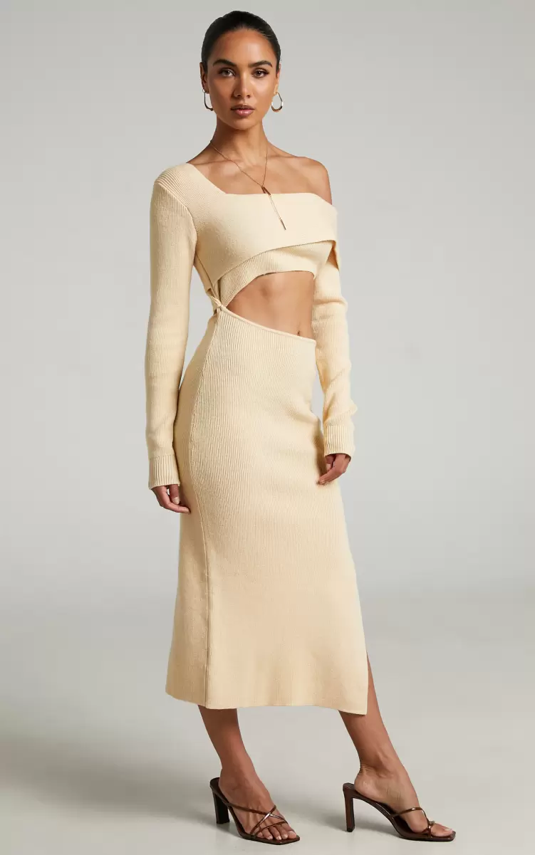 Showpo Women Knitwear Alabama Midi Dress - Off One Shoulder Asymmetric Long Sleeve Knit Dress In Sand - 4