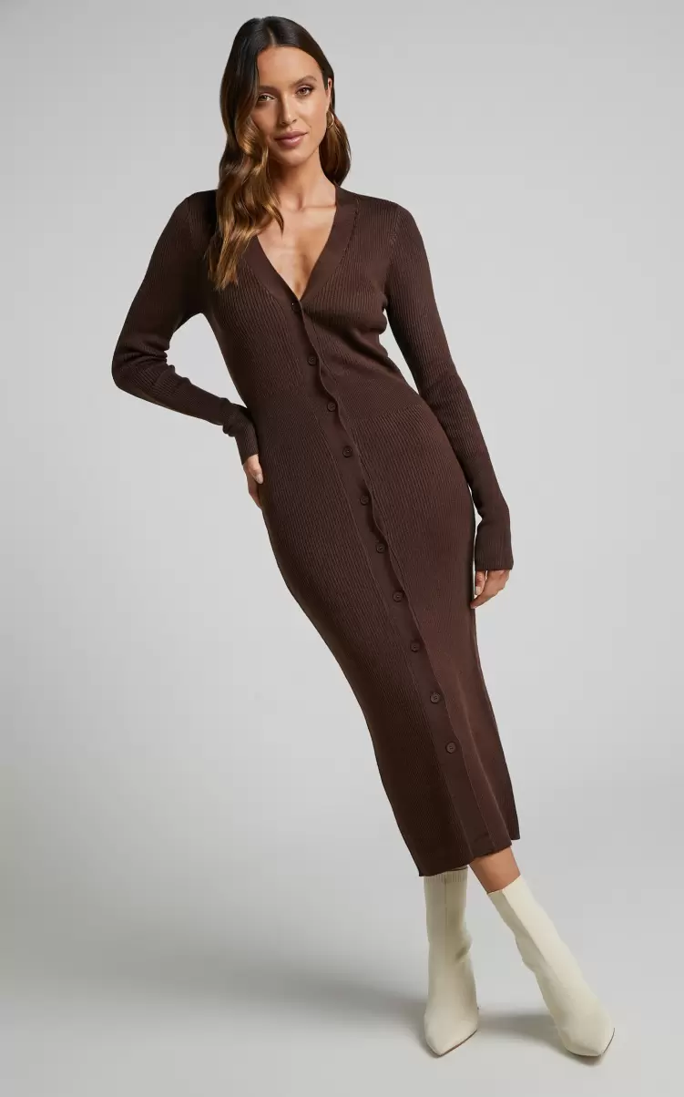Showpo Women Leahanna Midi Dress - Button Front Knit Dress In Dark Oak Knitwear - 2