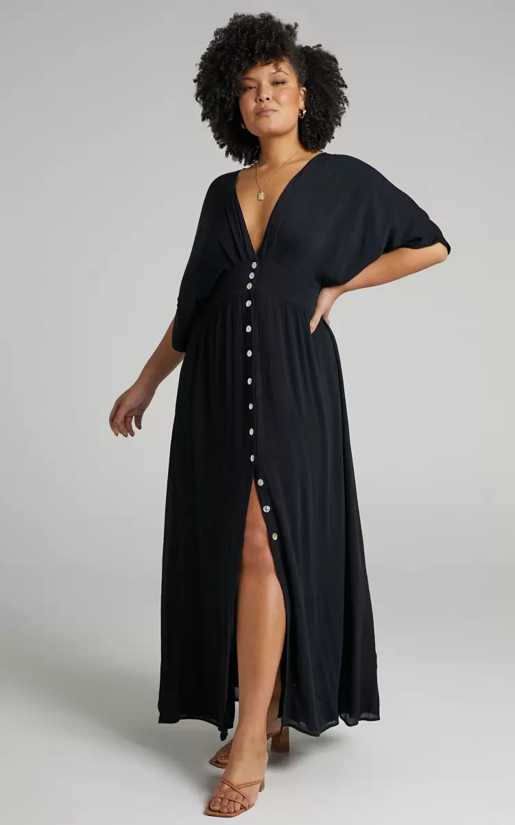Showpo Maternity Clothes Sitting Pretty Midi Dress - Short Sleeve Button Down Dress In Black Women - 1