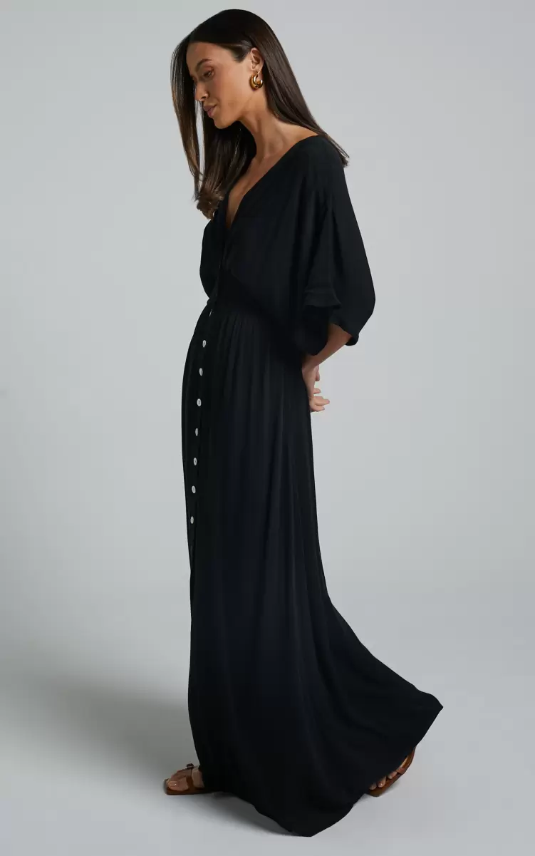 Showpo Maternity Clothes Sitting Pretty Midi Dress - Short Sleeve Button Down Dress In Black Women - 2