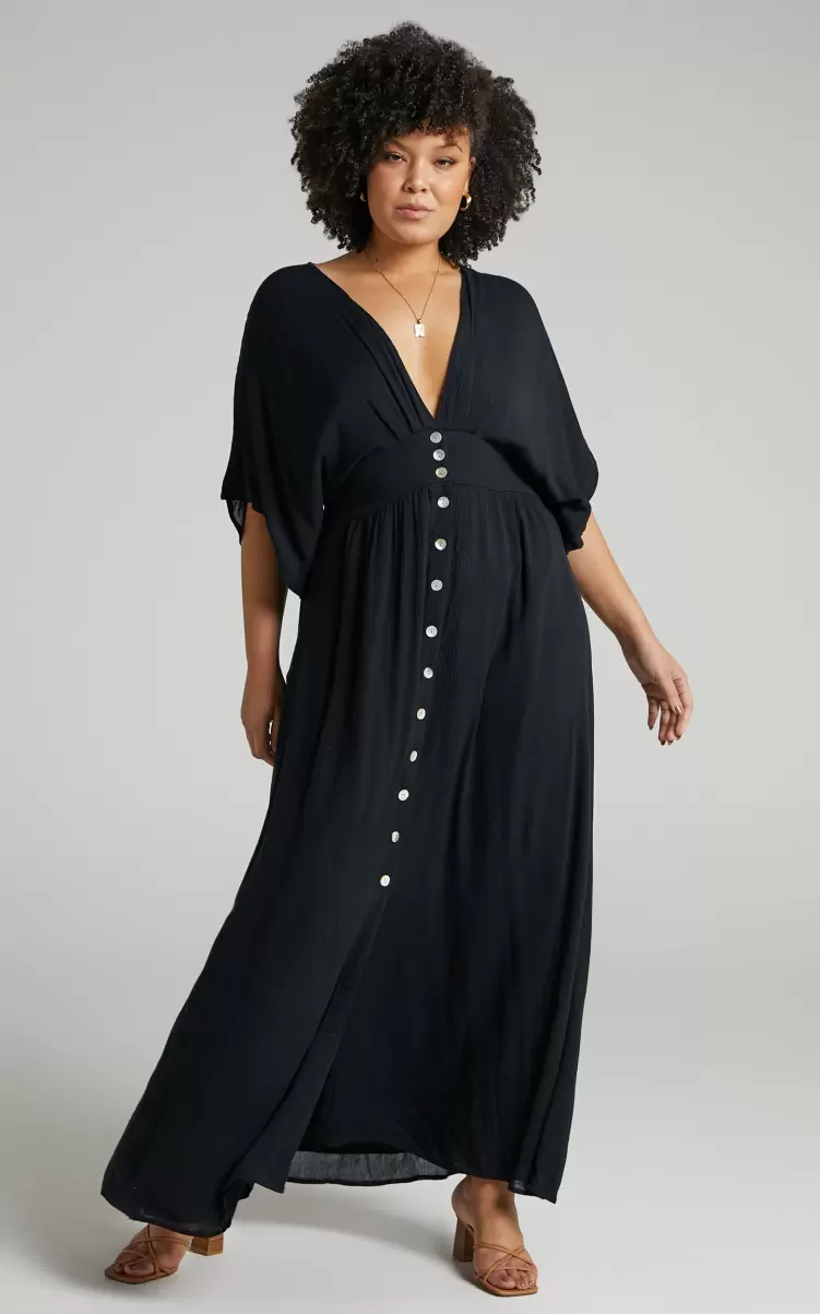 Showpo Maternity Clothes Sitting Pretty Midi Dress - Short Sleeve Button Down Dress In Black Women - 3
