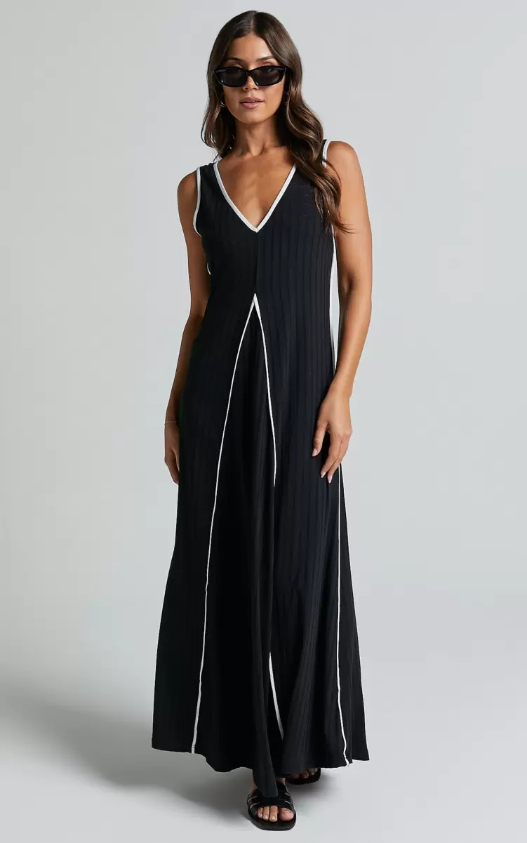 Cathleen Midi Dress - Ribbed Sleeveless Low Back Dress In Black Maternity Clothes Showpo Women