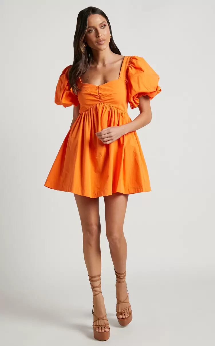 Showpo Vashti Mini Dress - Puff Sleeve Sweetheart Dress In Orange Maternity Clothes Women - 1