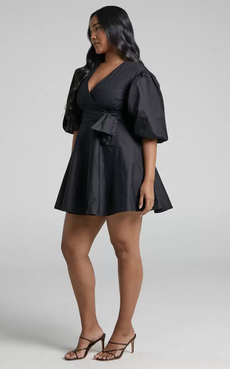 Showpo Maternity Clothes Zyla Mini Dress - Puff Sleeve Wrap Dress In Black Women - 1