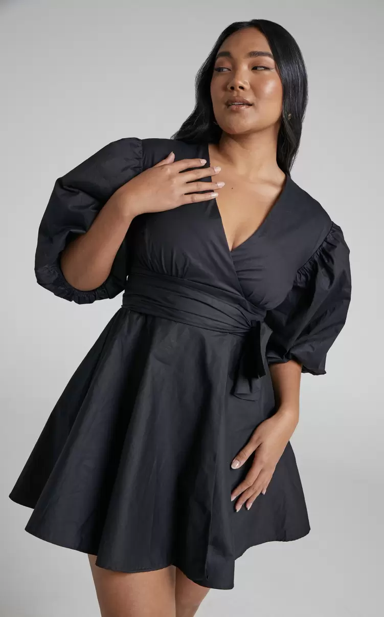 Showpo Maternity Clothes Zyla Mini Dress - Puff Sleeve Wrap Dress In Black Women