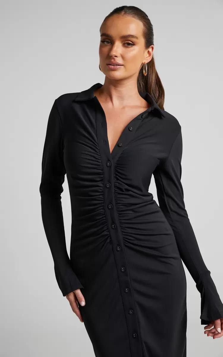 Women Showpo Modest Clothing Keaton Midi Dress - Ruched Front Collared Long Sleeve Bodycon Dress In Black - 1