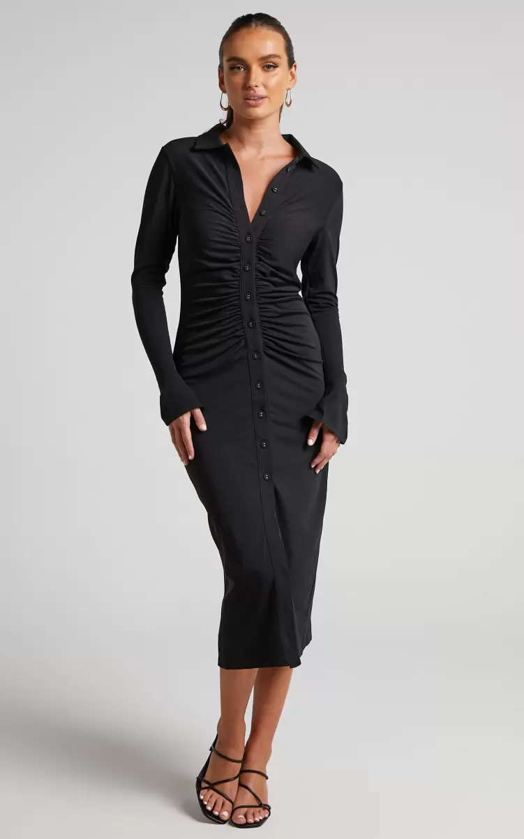 Women Showpo Modest Clothing Keaton Midi Dress - Ruched Front Collared Long Sleeve Bodycon Dress In Black - 3