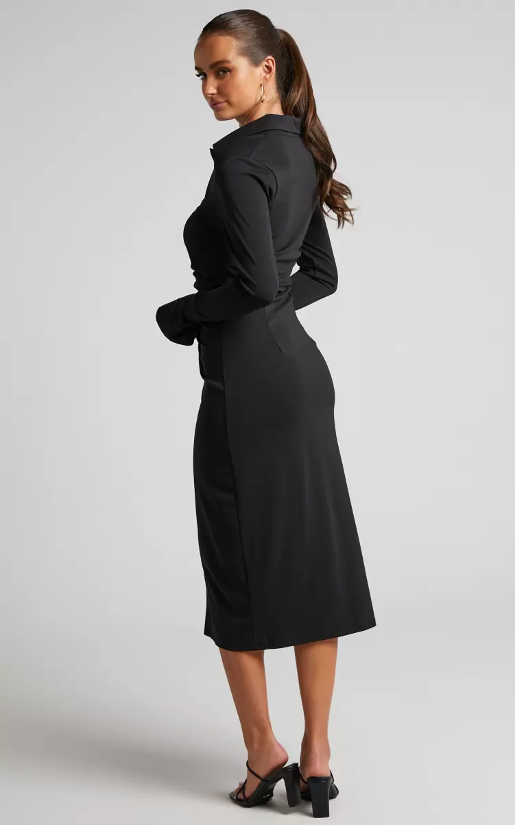 Women Showpo Modest Clothing Keaton Midi Dress - Ruched Front Collared Long Sleeve Bodycon Dress In Black - 4