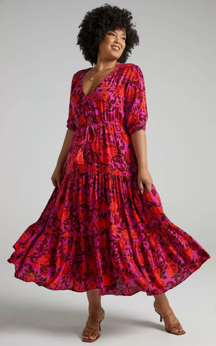 Women Modest Clothing Waiting So Long Midi Dress - V Neck Thigh Split Dress In Pink Floral Showpo - 1