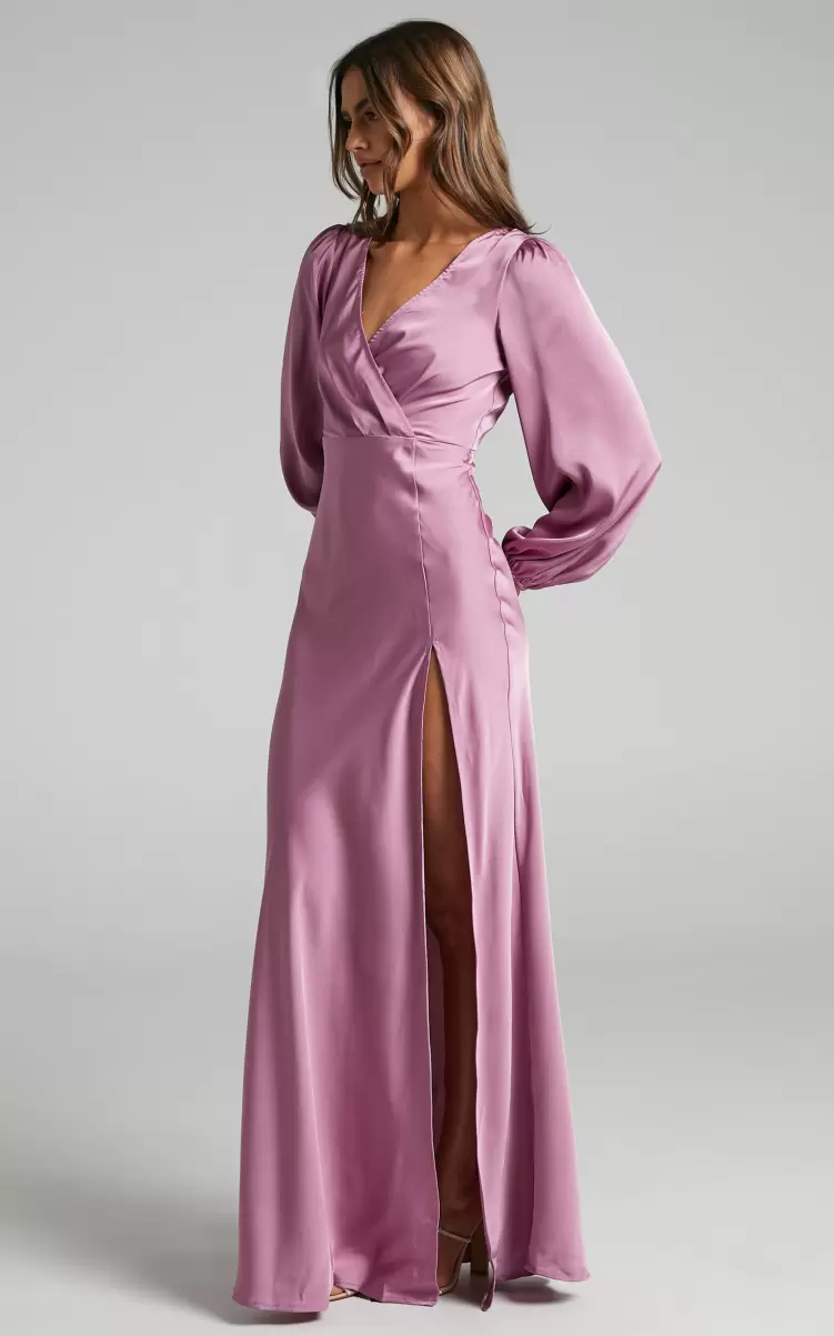 Modest Clothing Women Wellah Maxi Dress - Balloon Sleeve Thigh Split V Neck Satin Dress In Orchid Showpo - 2