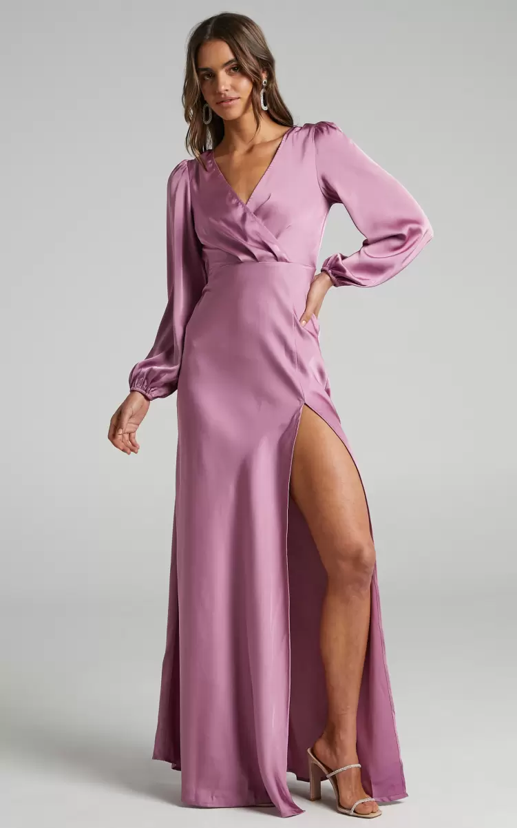 Modest Clothing Women Wellah Maxi Dress - Balloon Sleeve Thigh Split V Neck Satin Dress In Orchid Showpo - 3