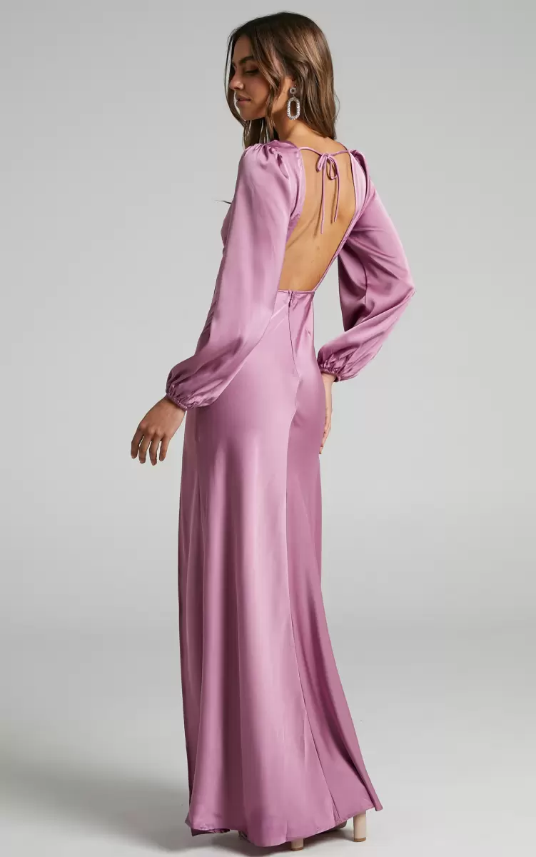Modest Clothing Women Wellah Maxi Dress - Balloon Sleeve Thigh Split V Neck Satin Dress In Orchid Showpo - 4
