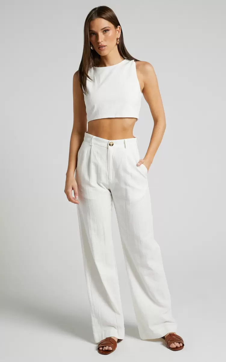 Larissa Trousers - Linen Look Mid Waisted Relaxed Straight Leg Trousers In White Pants Showpo Women - 1