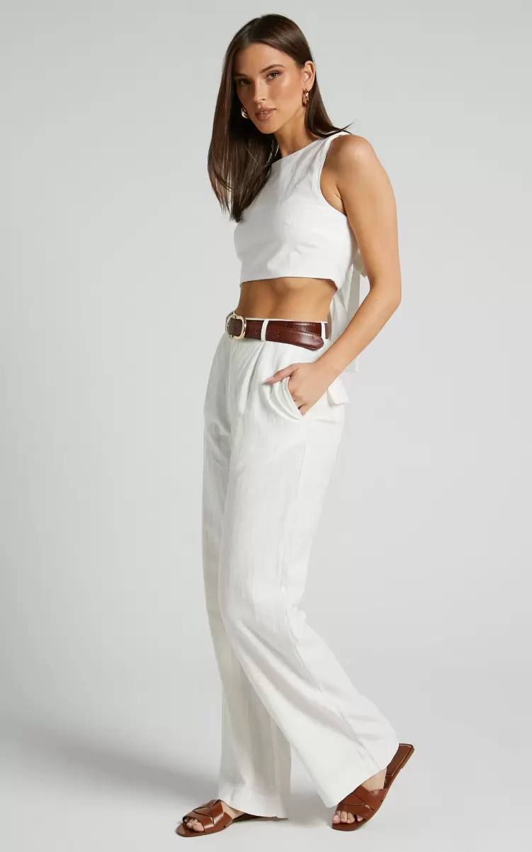 Larissa Trousers - Linen Look Mid Waisted Relaxed Straight Leg Trousers In White Pants Showpo Women - 4