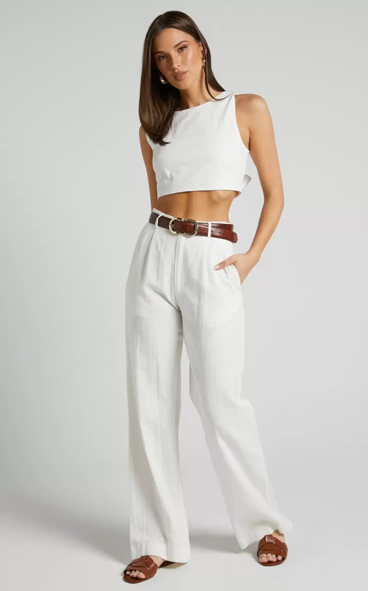 Larissa Trousers - Linen Look Mid Waisted Relaxed Straight Leg Trousers In White Pants Showpo Women