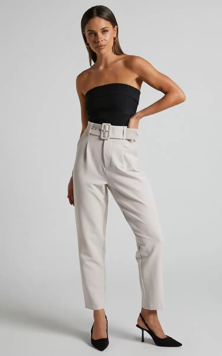 Women Pants Milica Trousers - Belted High Waisted Trousers In Beige Showpo