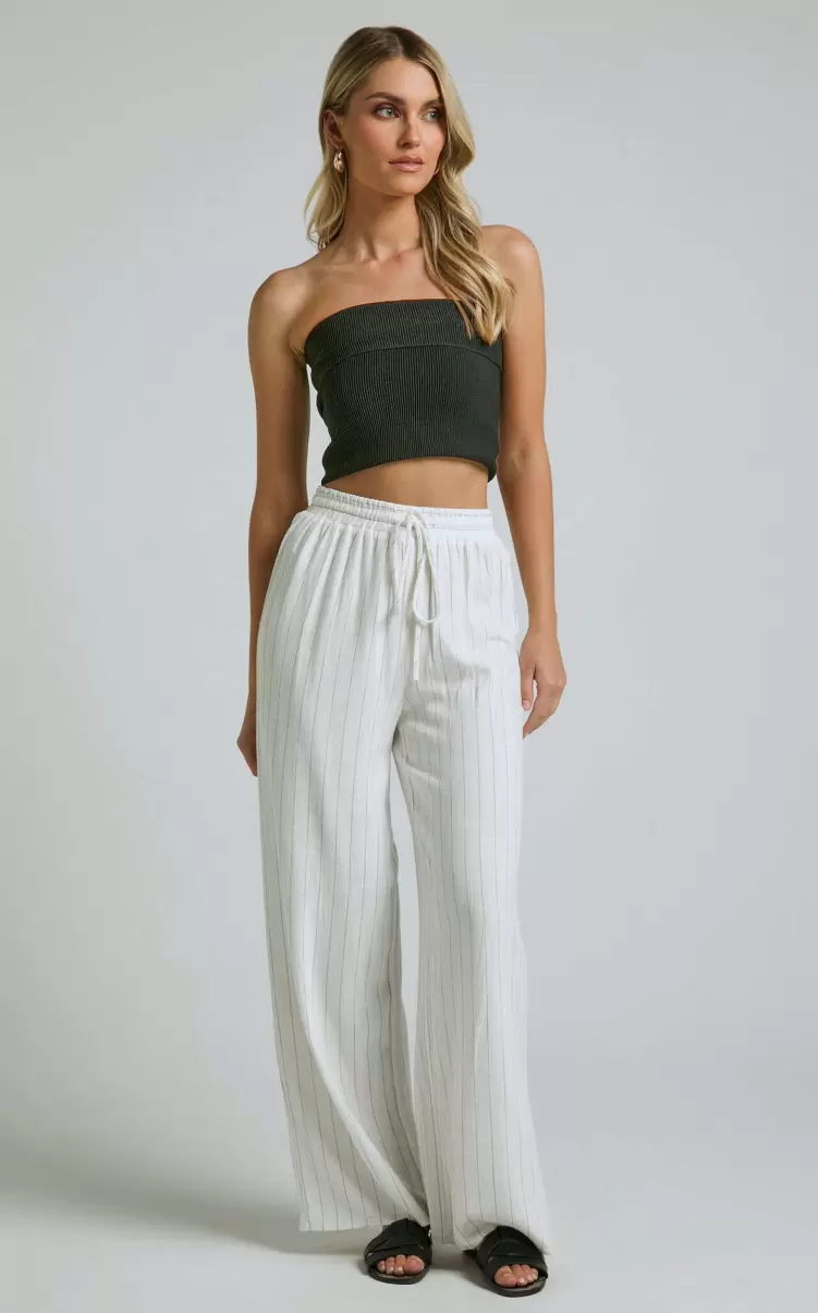 Women Pants Showpo Barbra Pants - Pinstripe Linen Look High Waisted Relaxed Pants In White Stripe - 4