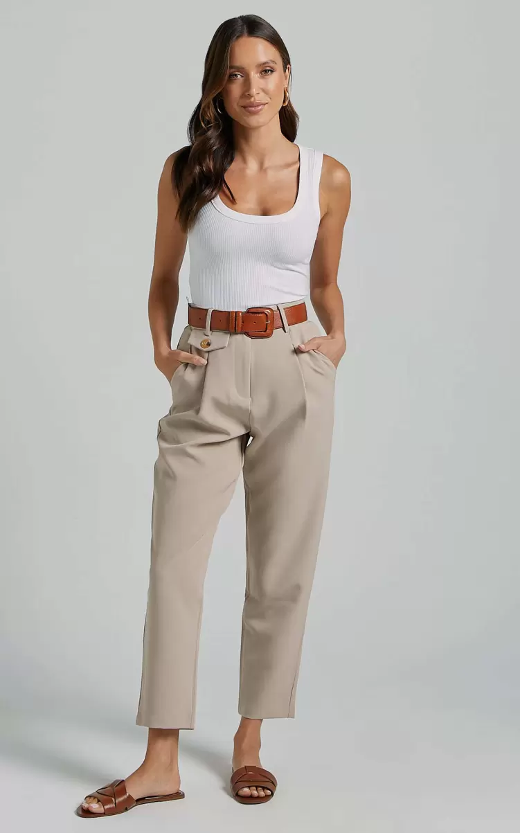 Women Showpo Pants Suri Cropped Pant - High Waisted Tapered Tailored Pant With Pocket Detail In Sand - 1