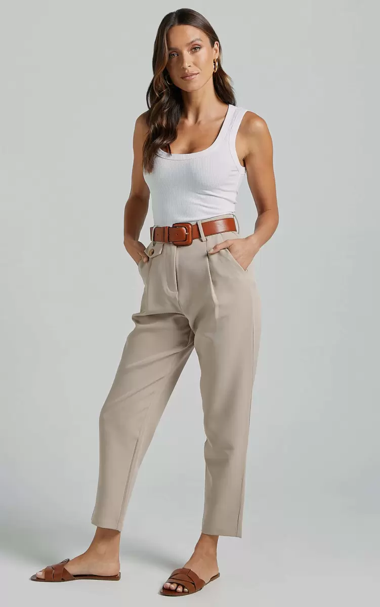 Women Showpo Pants Suri Cropped Pant - High Waisted Tapered Tailored Pant With Pocket Detail In Sand - 2