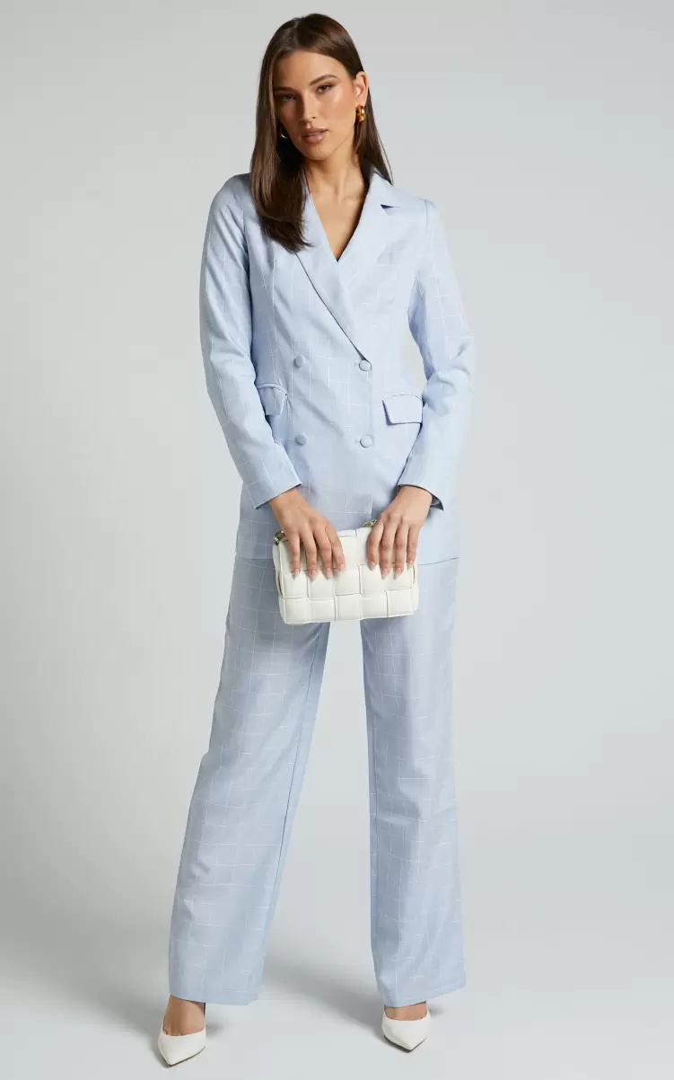 Hollie Tailored Pant - High Waisted Relaxed Straight Leg In Light Blue Check Pants Showpo Women - 2