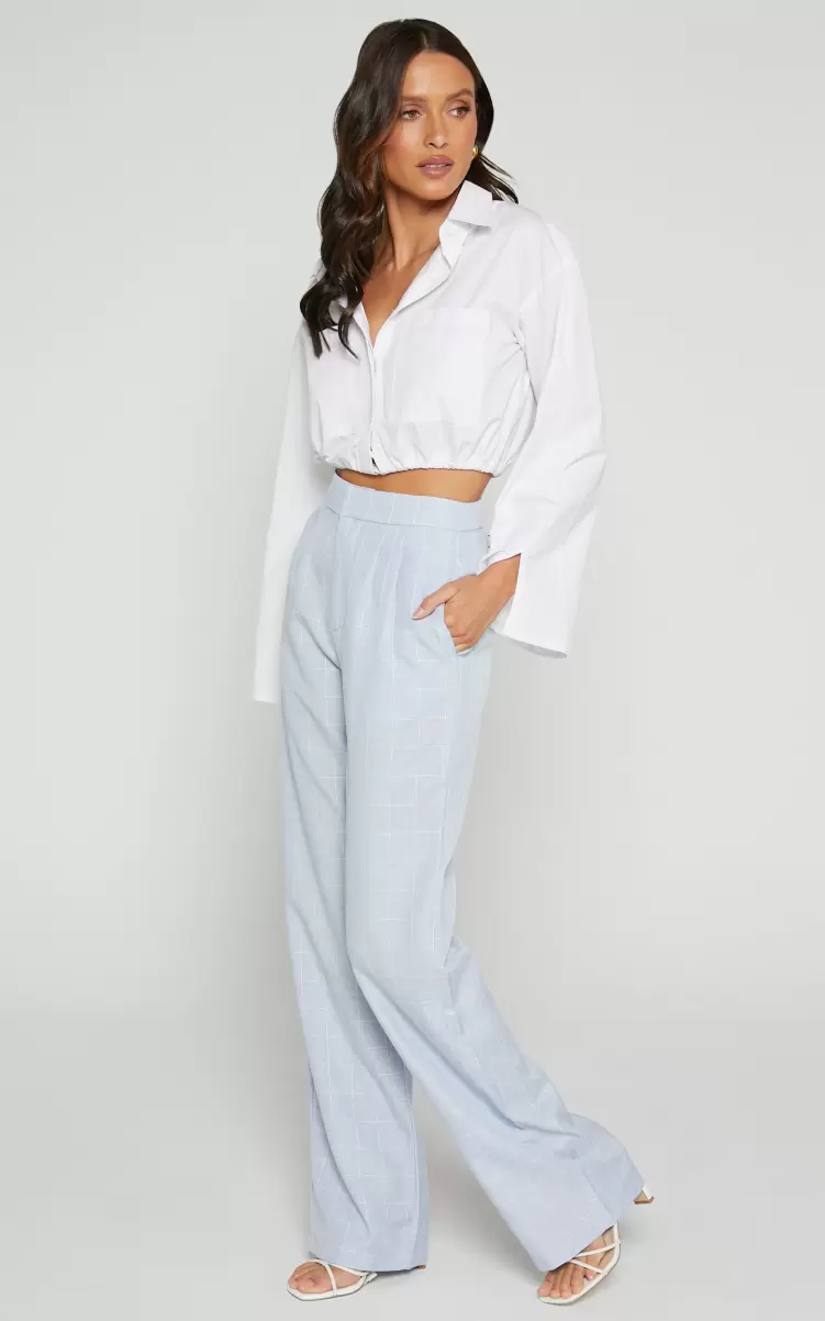 Hollie Tailored Pant - High Waisted Relaxed Straight Leg In Light Blue Check Pants Showpo Women - 4