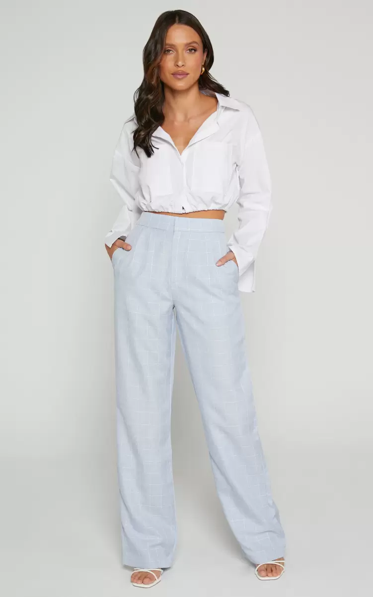 Hollie Tailored Pant - High Waisted Relaxed Straight Leg In Light Blue Check Pants Showpo Women